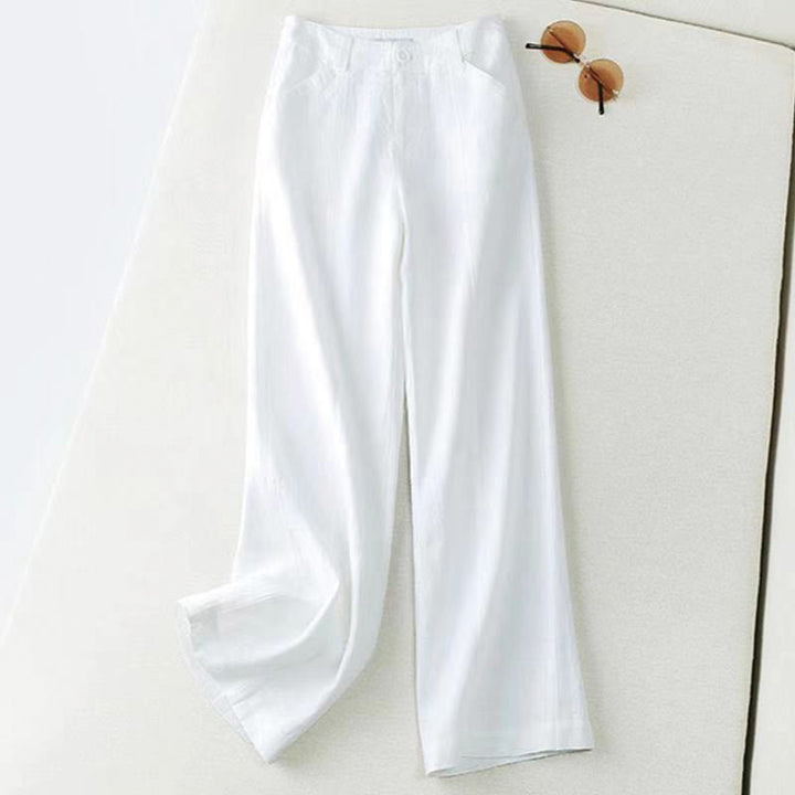 Pantaloni larghi da donna in cotone e lino, casual, retrò, tinta unita, a vita alta, con tasche, Buddha Stones