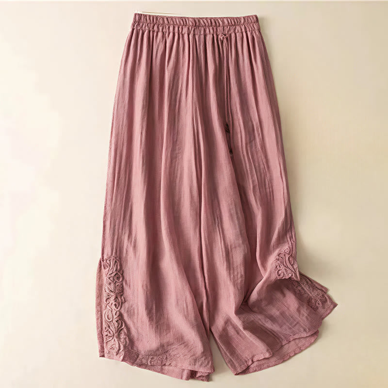 Pantaloni larghi da donna in cotone e lino con coulisse, con tasche, motivo ricamo retrò casual Buddha Stones