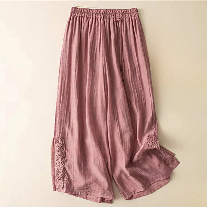 Pantaloni larghi da donna in cotone e lino con coulisse, con tasche, motivo ricamo retrò casual Buddha Stones