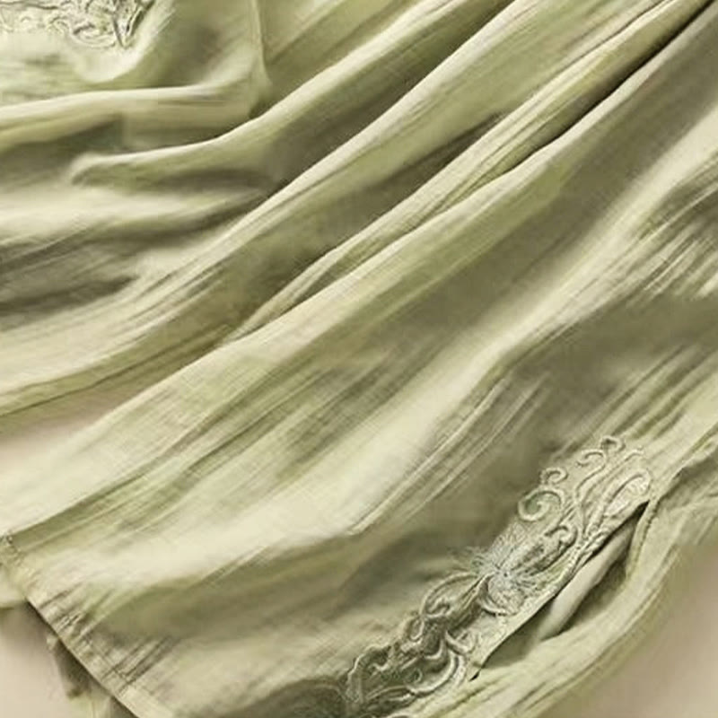 Pantaloni larghi da donna in cotone e lino con coulisse, con tasche, motivo ricamo retrò casual Buddha Stones