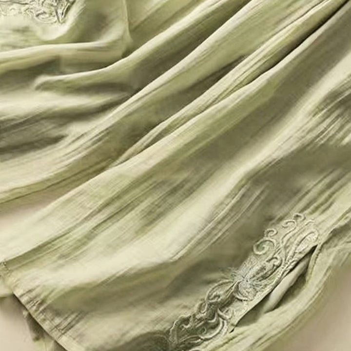 Pantaloni larghi da donna in cotone e lino con coulisse, con tasche, motivo ricamo retrò casual Buddha Stones
