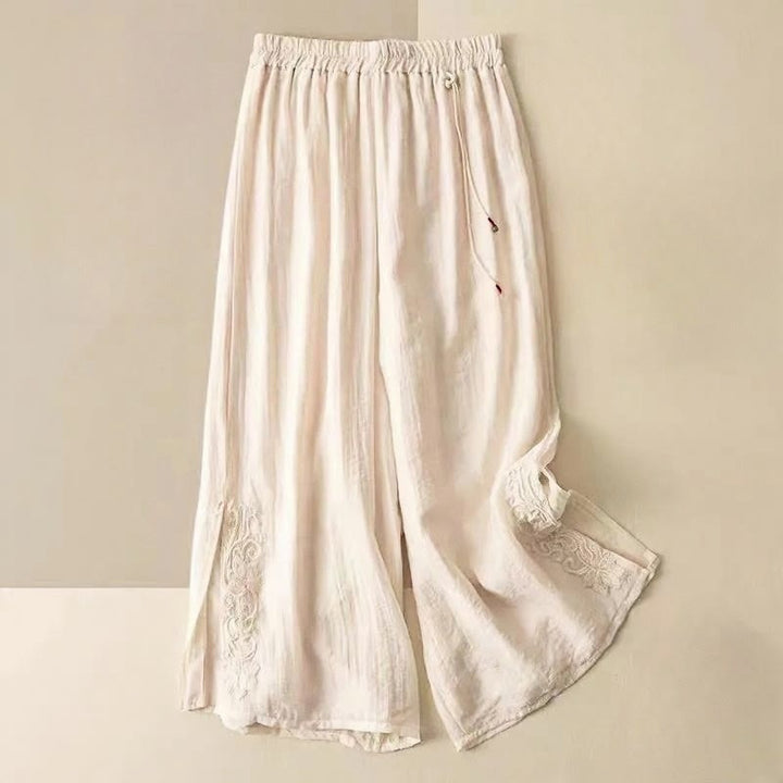 Pantaloni larghi da donna in cotone e lino con coulisse, con tasche, motivo ricamo retrò casual Buddha Stones