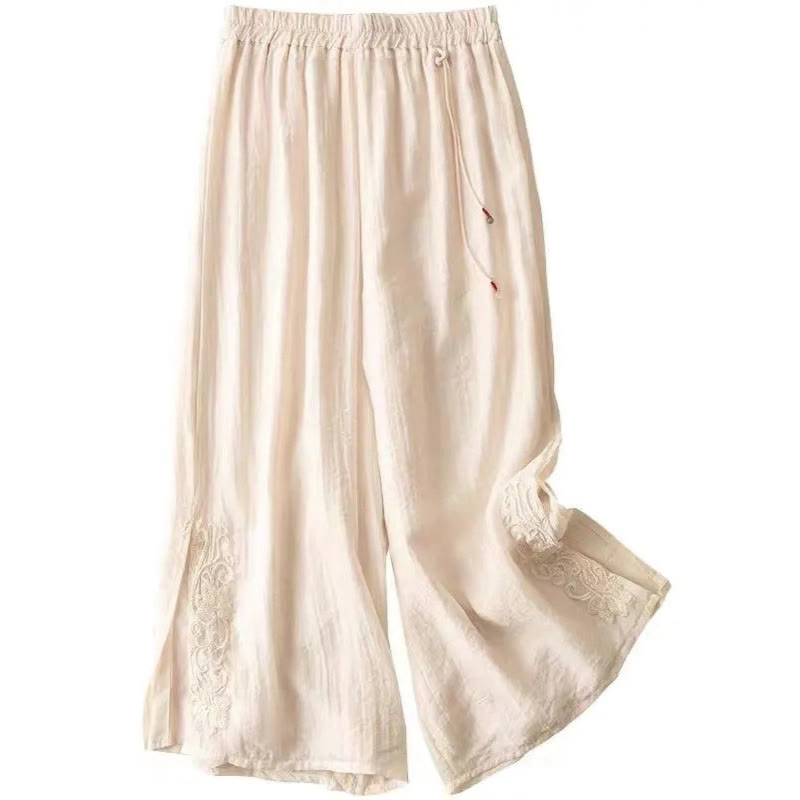 Pantaloni larghi da donna in cotone e lino con coulisse, con tasche, motivo ricamo retrò casual Buddha Stones