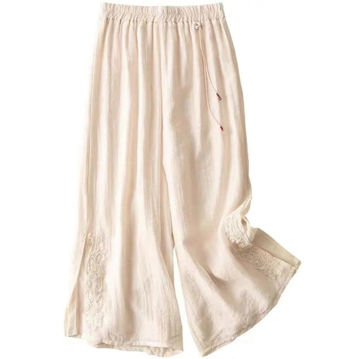 Pantaloni larghi da donna in cotone e lino con coulisse, con tasche, motivo ricamo retrò casual Buddha Stones