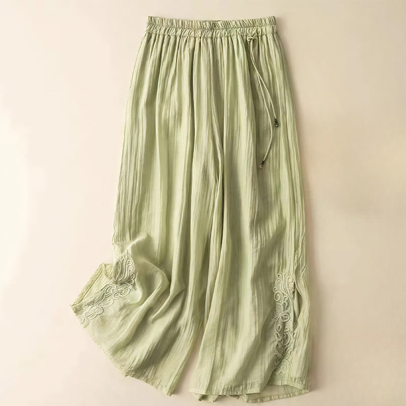 Pantaloni larghi da donna in cotone e lino con coulisse, con tasche, motivo ricamo retrò casual Buddha Stones