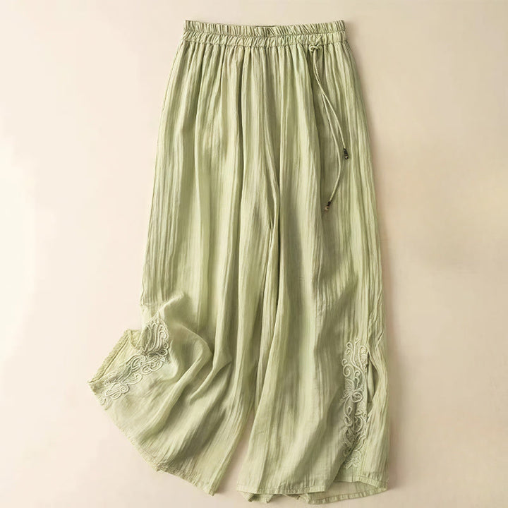 Pantaloni larghi da donna in cotone e lino con coulisse, con tasche, motivo ricamo retrò casual Buddha Stones