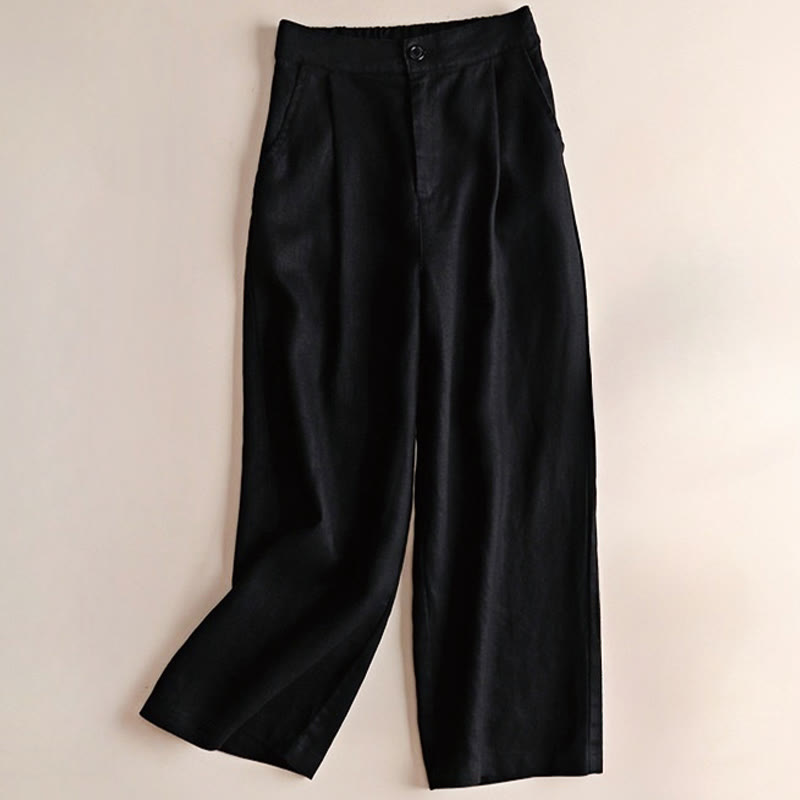 Pantaloni larghi da donna in cotone e lino con tasche, tinta unita, con coulisse, lunghezza 7-8, Buddha Stones Commute
