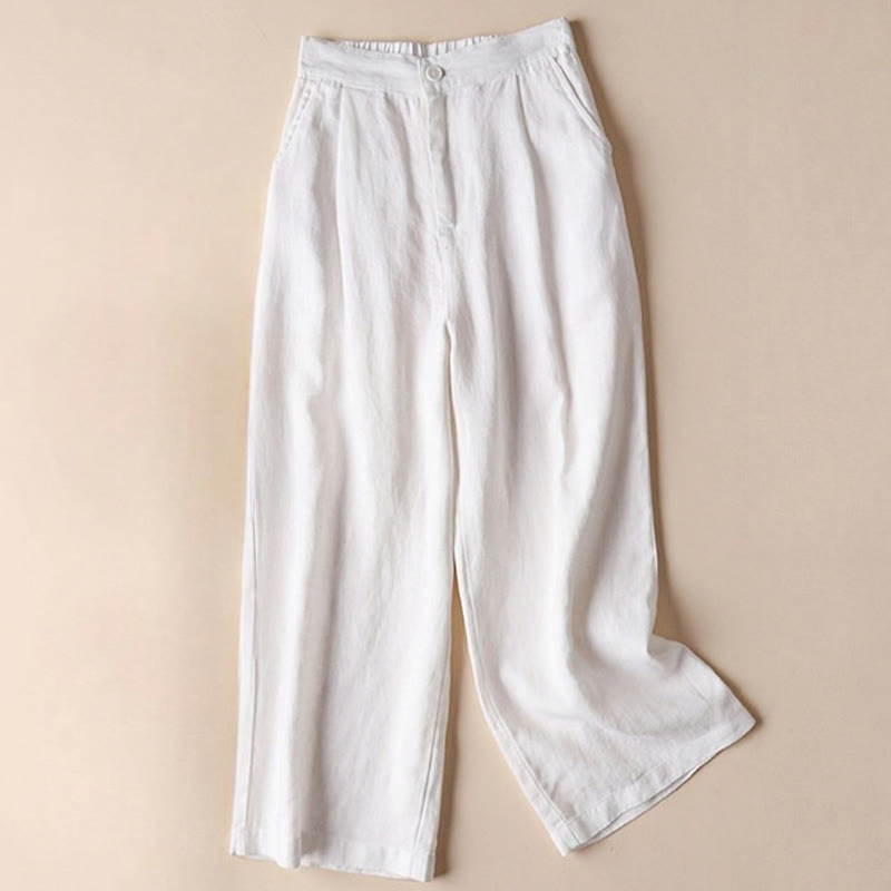 Buddha Stones Commute Solid Color 7-8 Length Cotton Linen Women's Wide Leg Pants With Pockets - Bianco - US12, UK/AU16, EU44 (3XL) - image 8