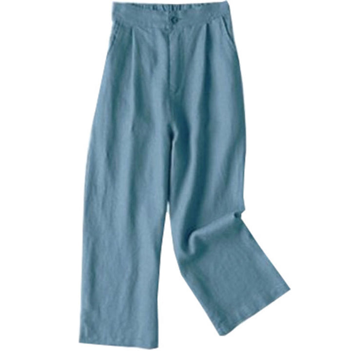 Pantaloni larghi da donna in cotone e lino con tasche, tinta unita, con coulisse, lunghezza 7-8, Buddha Stones Commute