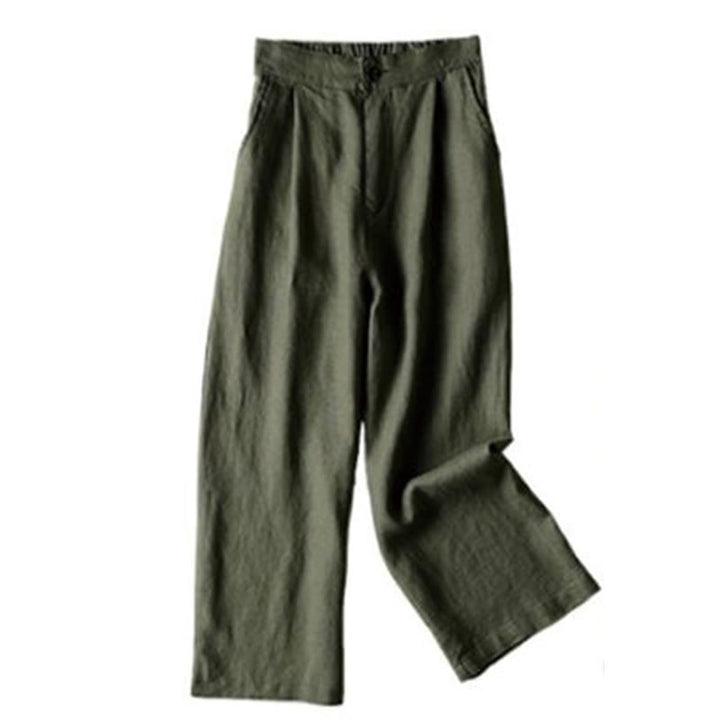 Pantaloni larghi da donna in cotone e lino con tasche, tinta unita, con coulisse, lunghezza 7-8, Buddha Stones Commute