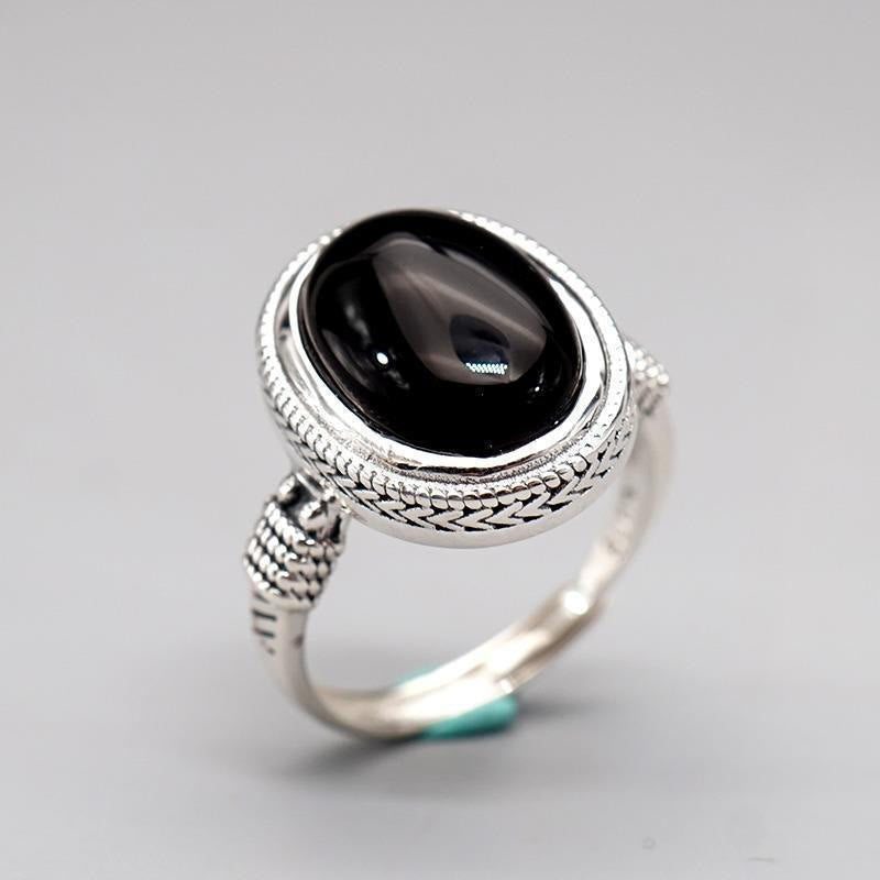 Anello di protezione regolabile in onice nero naturale Buddha Stones