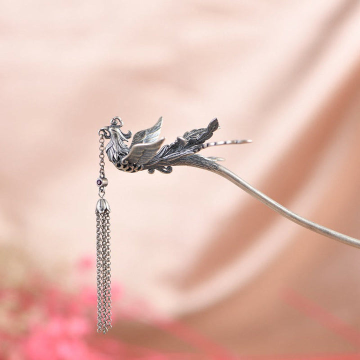 Buddha Stones 925 Sterling Silver Phoenix Tassels Protezione Forcina per capelli