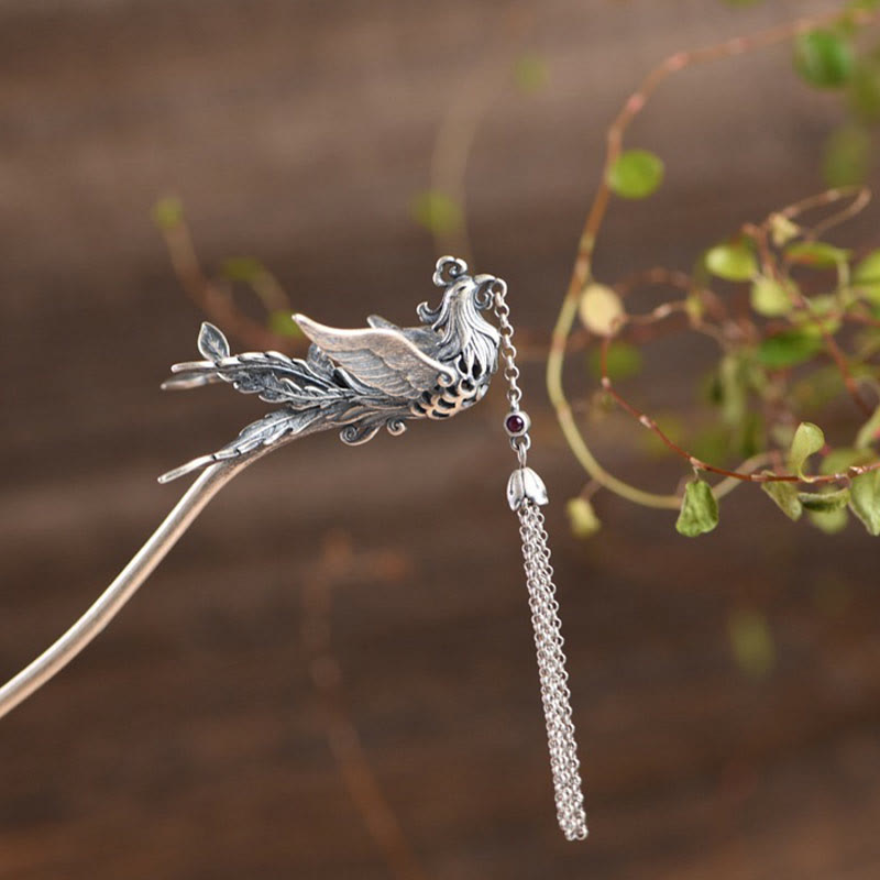 Buddha Stones 925 Sterling Silver Phoenix Tassels Protezione Forcina per capelli - image 8