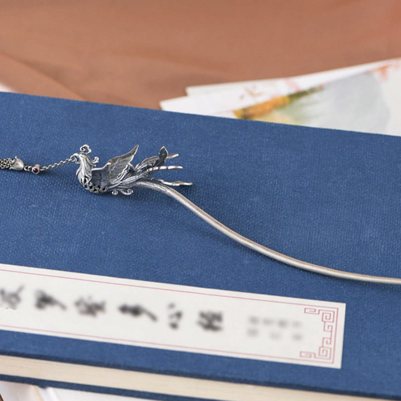 Buddha Stones 925 Sterling Silver Phoenix Tassels Protezione Forcina per capelli