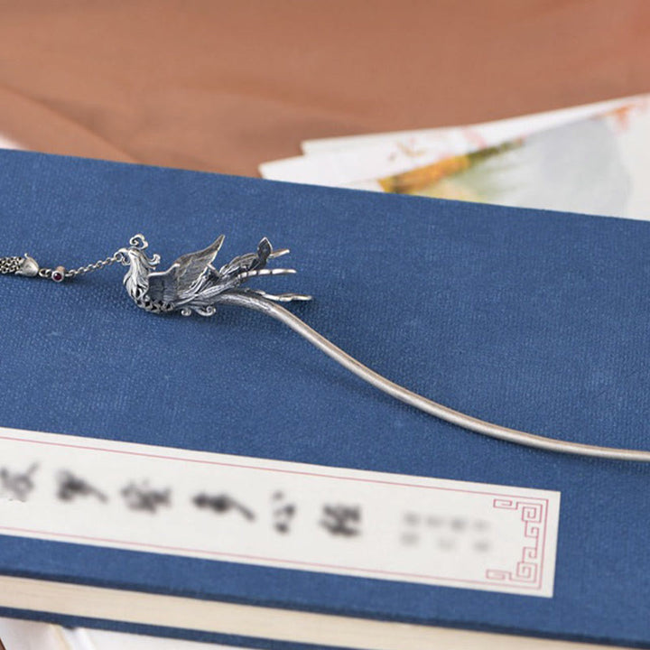 Buddha Stones 925 Sterling Silver Phoenix Tassels Protezione Forcina per capelli