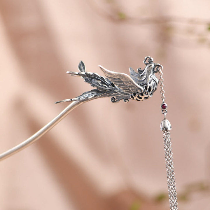 Buddha Stones 925 Sterling Silver Phoenix Tassels Protezione Forcina per capelli