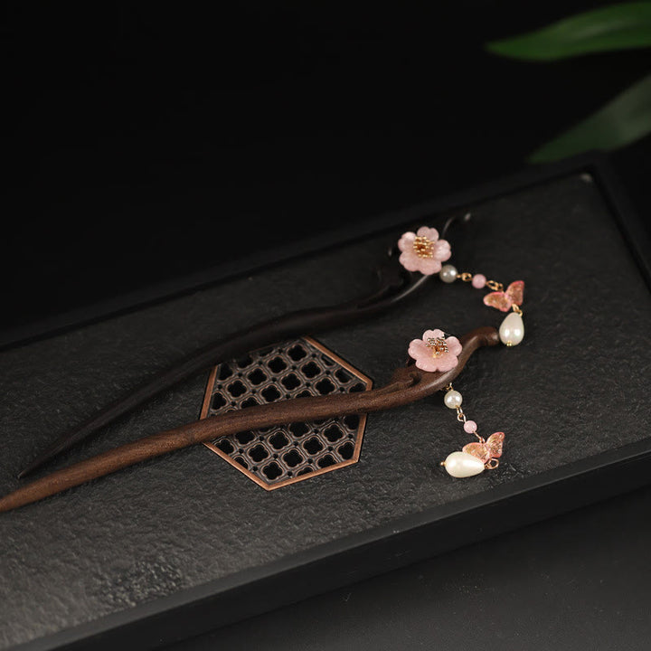 Forcina per capelli con farfalla e fiore di ebano Buddha Stones