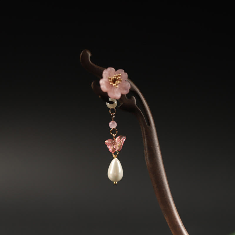 Forcina per capelli con farfalla e fiore di ebano Buddha Stones