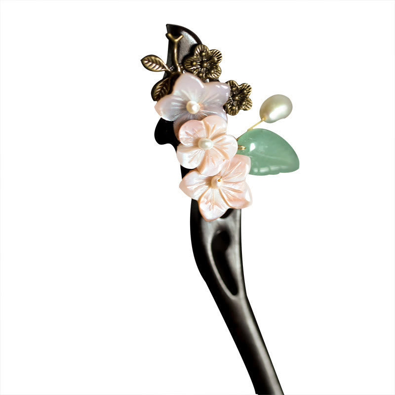 Forcina per capelli con foglie di fiori di conchiglia di ebano Buddha Stones