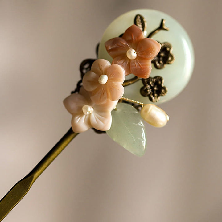 Buddha Stones, rame, giada, conchiglia, fiore, foglie, forcina per capelli