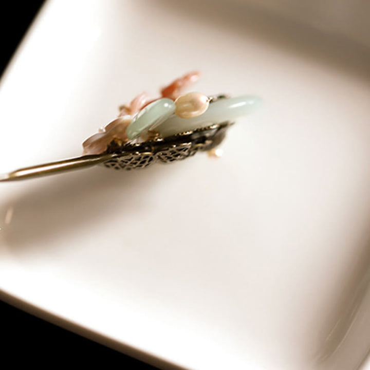 Buddha Stones, rame, giada, conchiglia, fiore, foglie, forcina per capelli