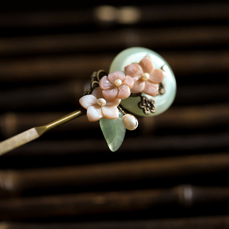 Buddha Stones, rame, giada, conchiglia, fiore, foglie, forcina per capelli