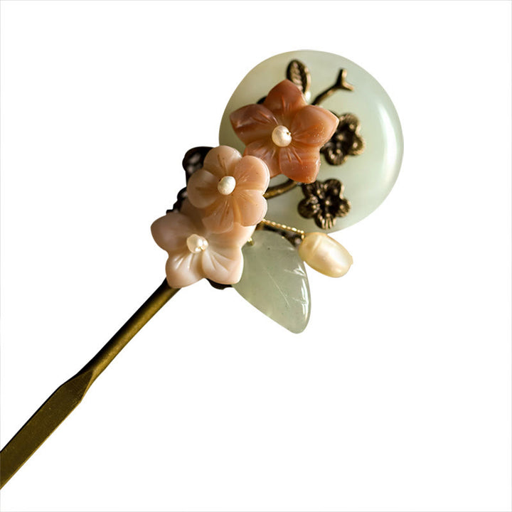Buddha Stones, rame, giada, conchiglia, fiore, foglie, forcina per capelli