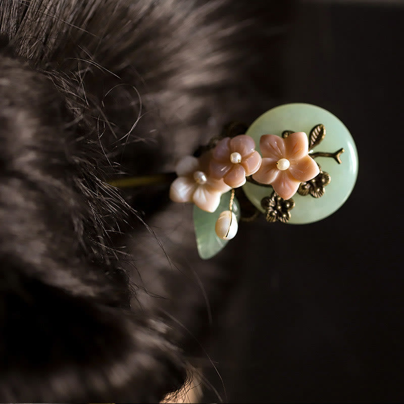 Buddha Stones, rame, giada, conchiglia, fiore, foglie, forcina per capelli