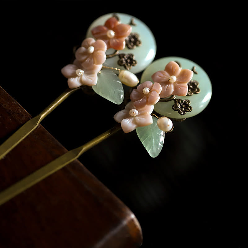 Buddha Stones, rame, giada, conchiglia, fiore, foglie, forcina per capelli