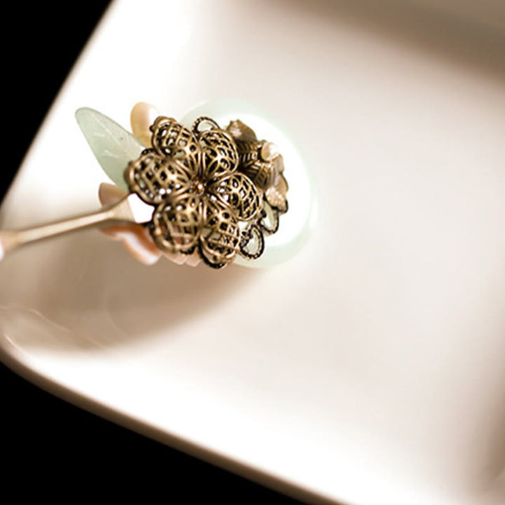 Buddha Stones, rame, giada, conchiglia, fiore, foglie, forcina per capelli