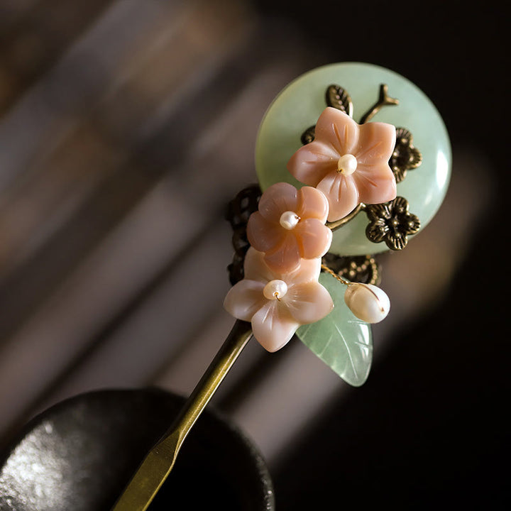 Buddha Stones, rame, giada, conchiglia, fiore, foglie, forcina per capelli