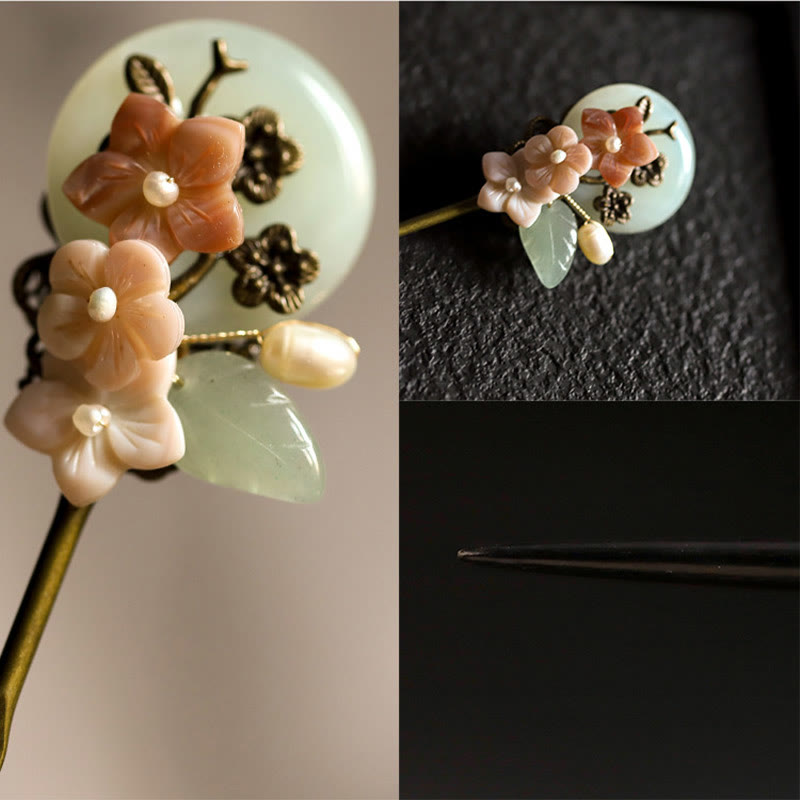 Buddha Stones, rame, giada, conchiglia, fiore, foglie, forcina per capelli