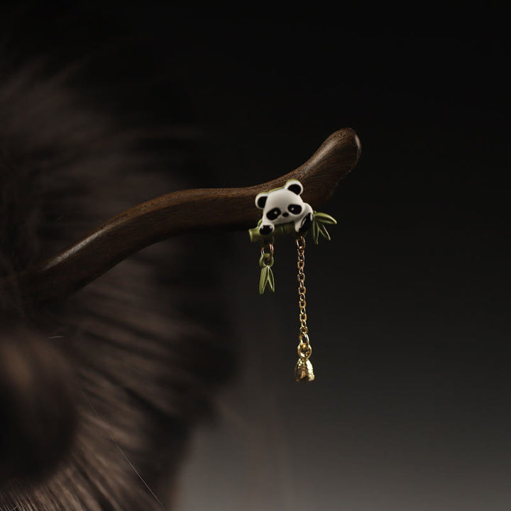 Forcina per capelli con nappa in bambù, panda, Buddha Stones, ebano e coraggio