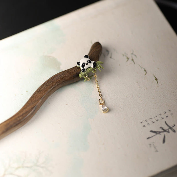 Forcina per capelli con nappa in bambù, panda, Buddha Stones, ebano e coraggio