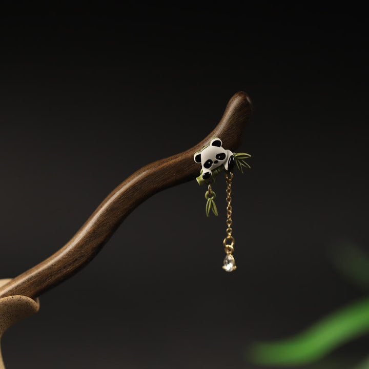 Forcina per capelli con nappa in bambù, panda, Buddha Stones, ebano e coraggio