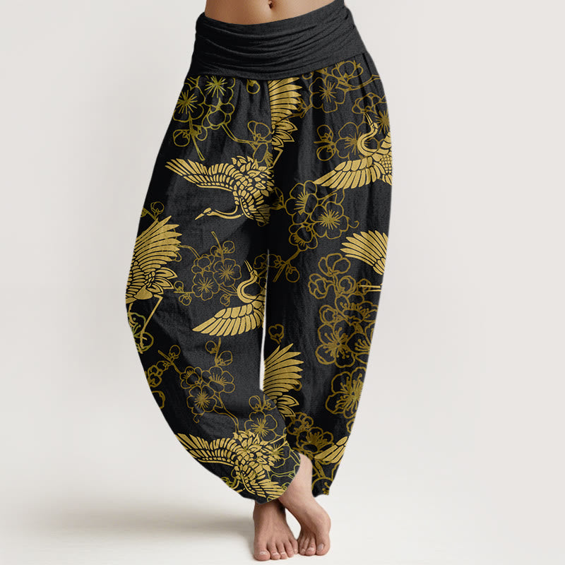 Pantaloni harem elastici in vita da donna con motivo a fiori di gru e Buddha Stones - Nero - US22, UK/AU26, EU54 (6XL) - image 1