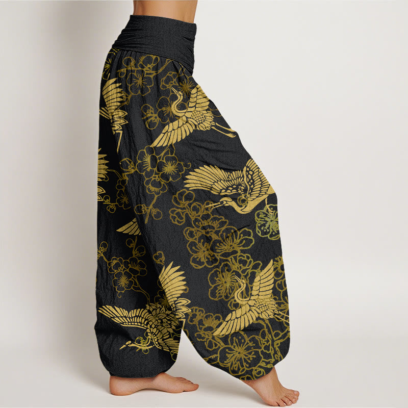 Pantaloni harem elastici in vita da donna con motivo a fiori di gru e Buddha Stones - image 3