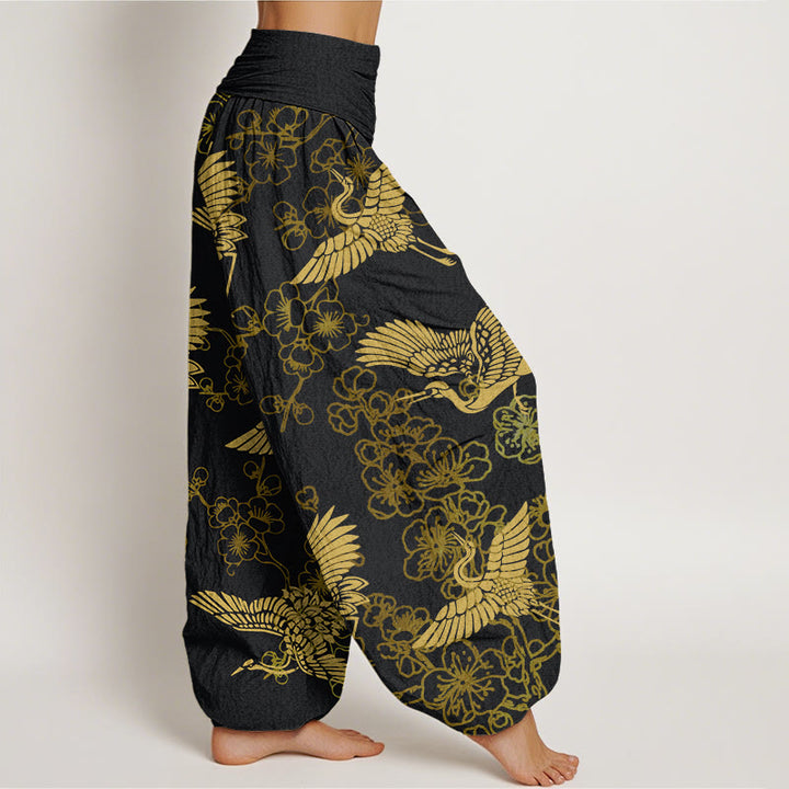 Pantaloni harem elastici in vita da donna con motivo a fiori di gru e Buddha Stones - image 3
