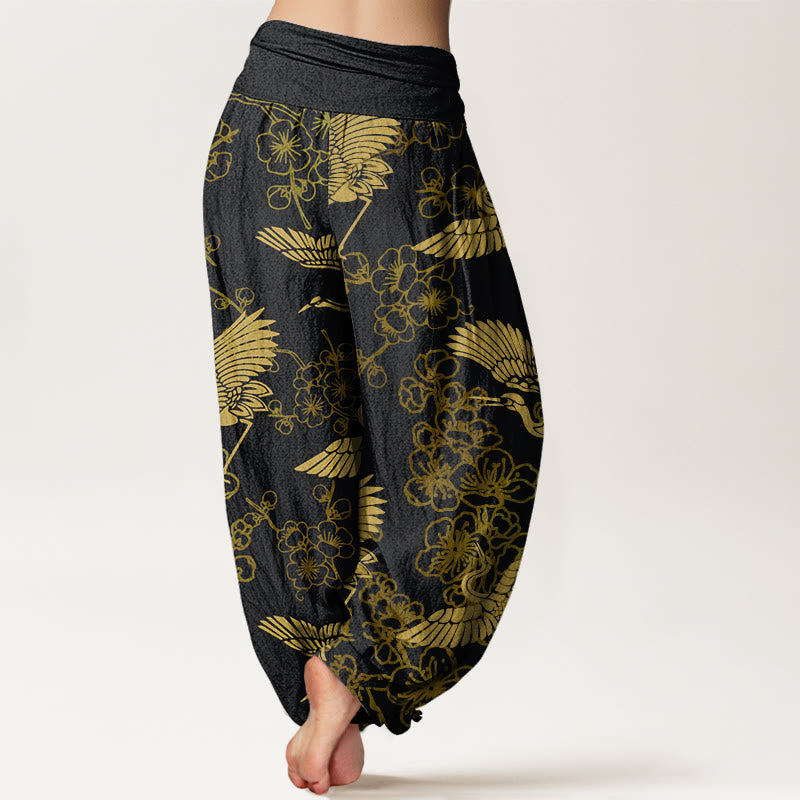 Pantaloni harem elastici in vita da donna con motivo a fiori di gru e Buddha Stones - image 2