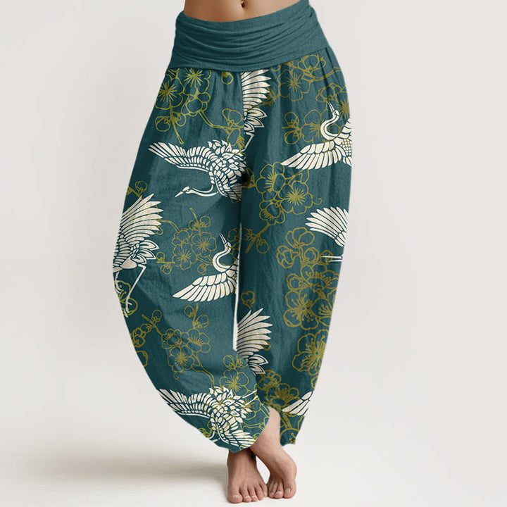Pantaloni harem elastici in vita da donna con motivo a fiori di gru e Buddha Stones - SeaGreen - US22, UK/AU26, EU54 (6XL) - image 5