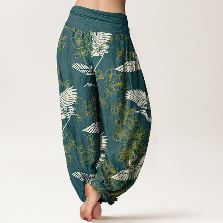 Pantaloni harem elastici in vita da donna con motivo a fiori di gru e Buddha Stones - image 6