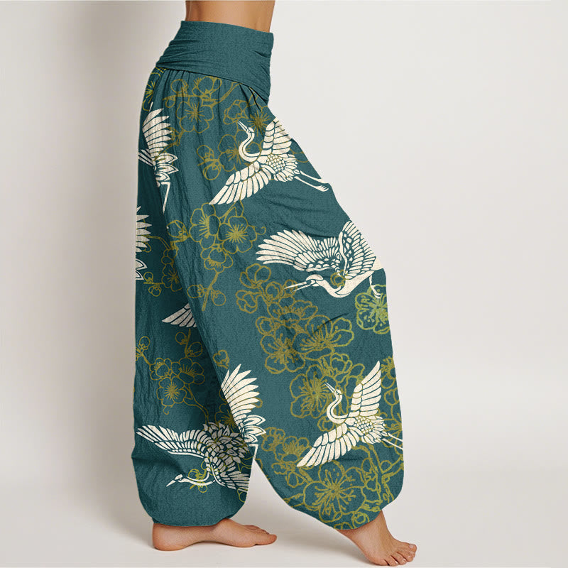 Pantaloni harem elastici in vita da donna con motivo a fiori di gru e Buddha Stones - image 7