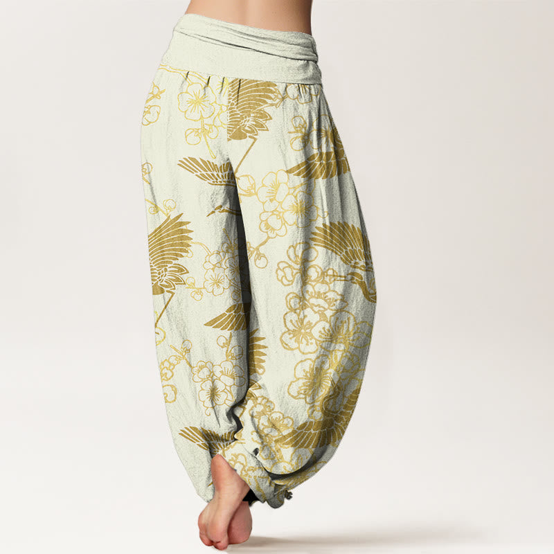 Pantaloni harem elastici in vita da donna con motivo a fiori di gru e Buddha Stones - image 9