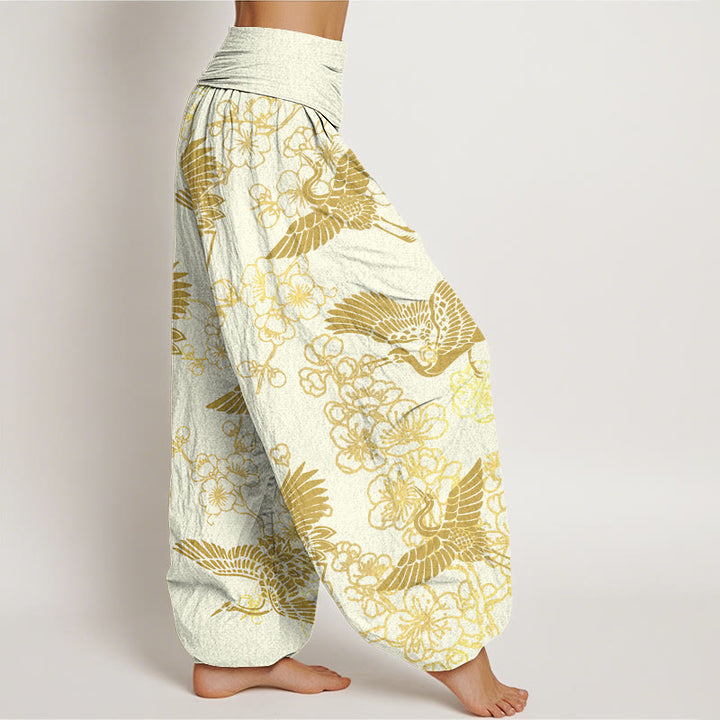 Pantaloni harem elastici in vita da donna con motivo a fiori di gru e Buddha Stones - image 10