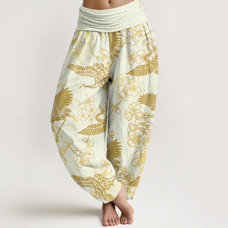 Pantaloni harem elastici in vita da donna con motivo a fiori di gru e Buddha Stones - Giallo chiaro - US22, UK/AU26, EU54 (6XL) - image 8