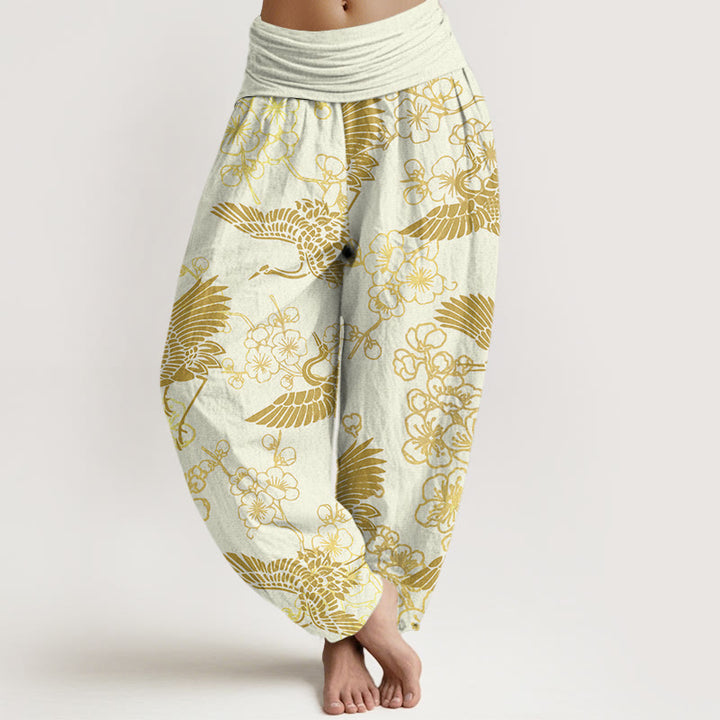 Pantaloni harem elastici in vita da donna con motivo a fiori di gru e Buddha Stones - Giallo chiaro - US22, UK/AU26, EU54 (6XL) - image 8