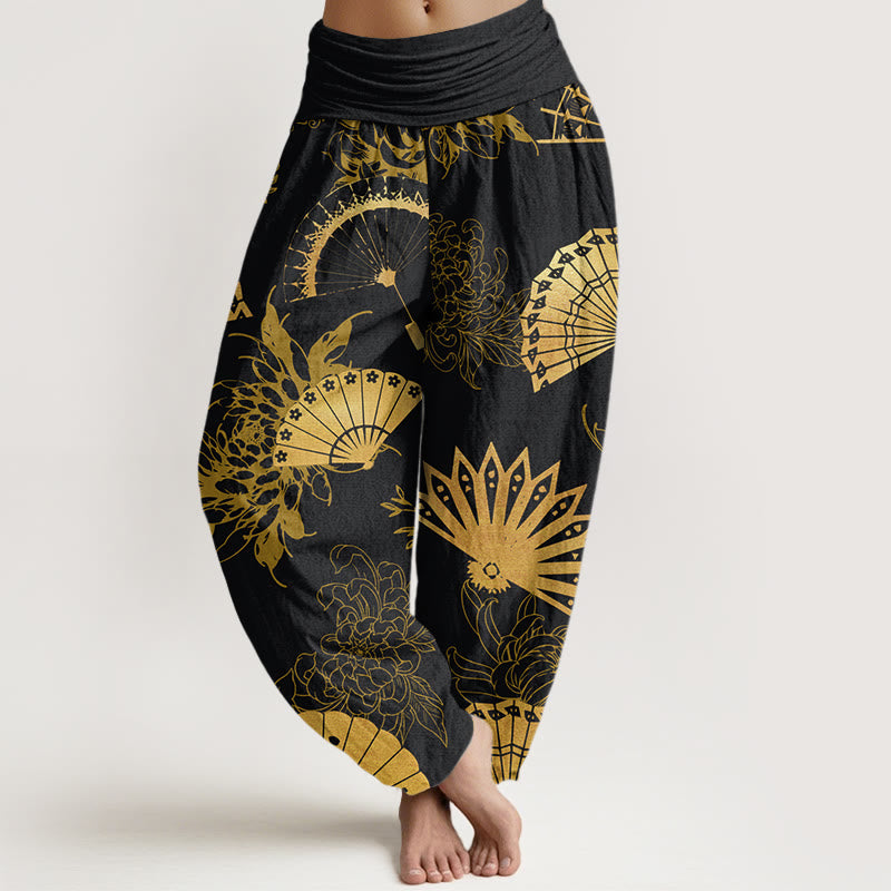 Pantaloni harem elastici in vita da donna con motivo a ventaglio di Buddha Stones e fiori - Nero - US22, UK/AU26, EU54 (6XL) - image 1