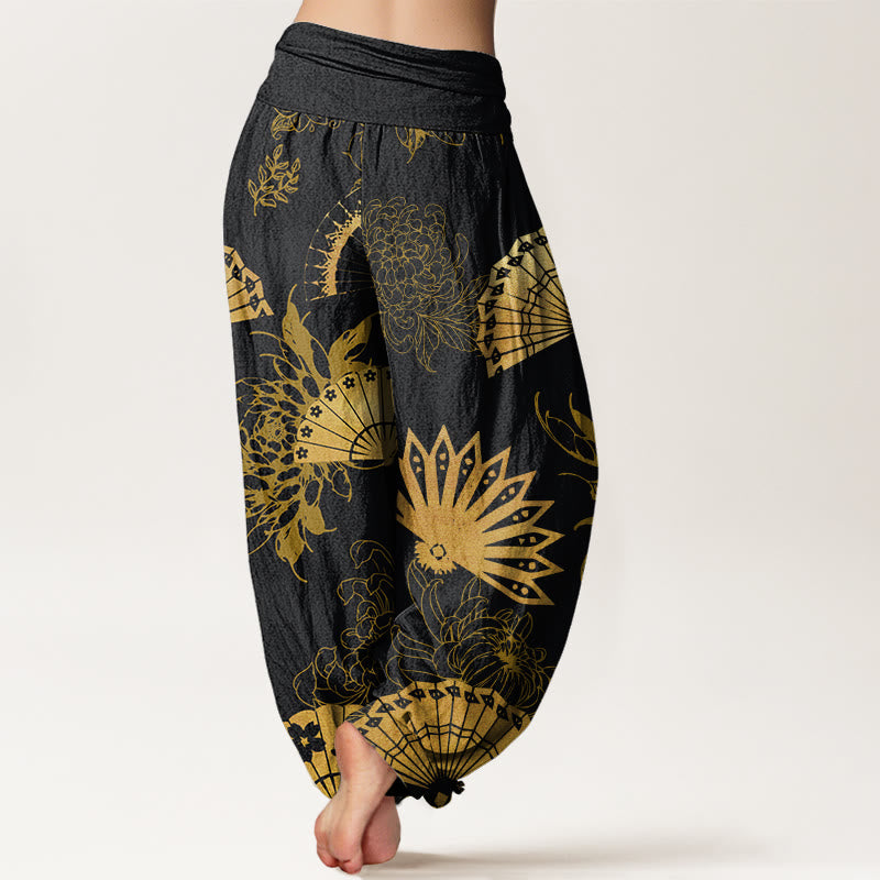Pantaloni harem elastici in vita da donna con motivo a ventaglio di Buddha Stones e fiori - image 2