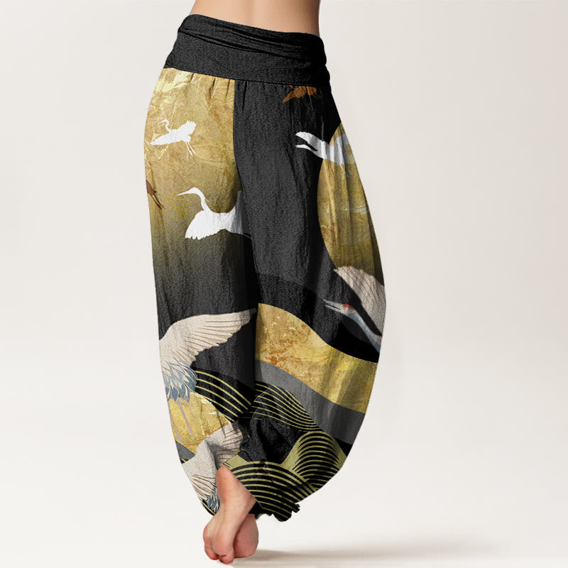 Pantaloni harem elastici in vita da donna con motivo a onde di sole e gru, motivo Buddha Stones - image 2
