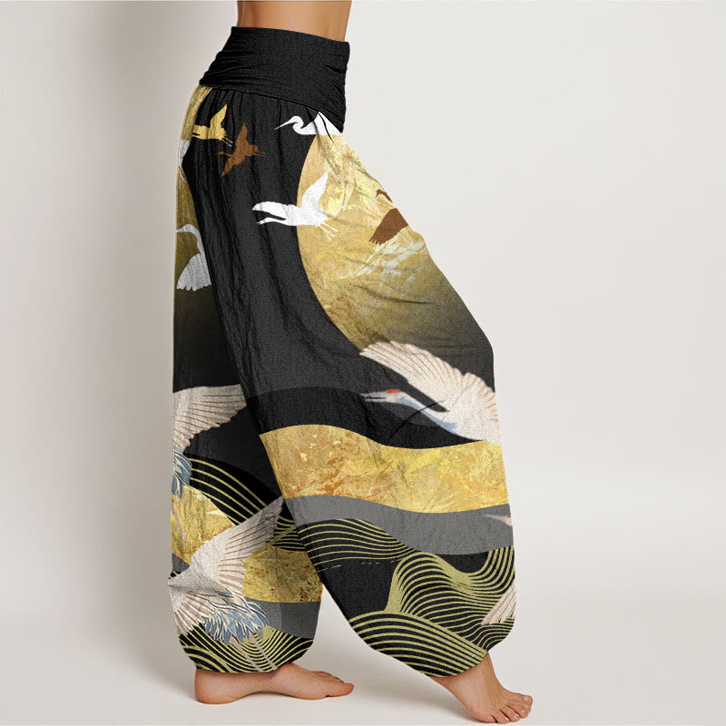 Pantaloni harem elastici in vita da donna con motivo a onde di sole e gru, motivo Buddha Stones - image 3